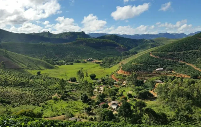 A view across fields and hills.